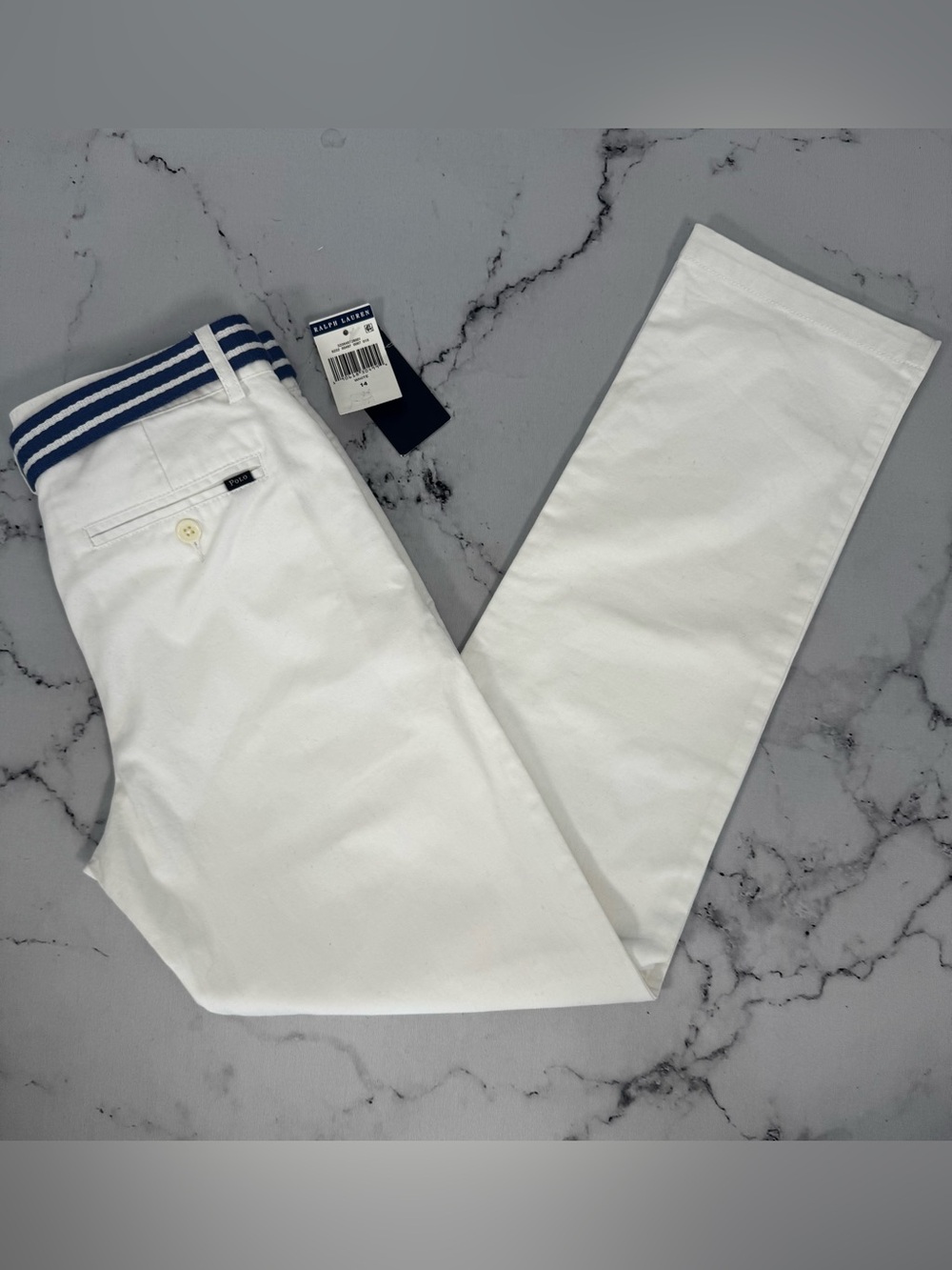 Polo by Ralph Lauren Kids White Casual Pants with Navy Striped Belt